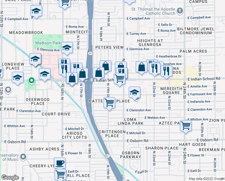 map of restaurants, bars, coffee shops, grocery stores, and more near 1901 East Amelia Avenue in Phoenix