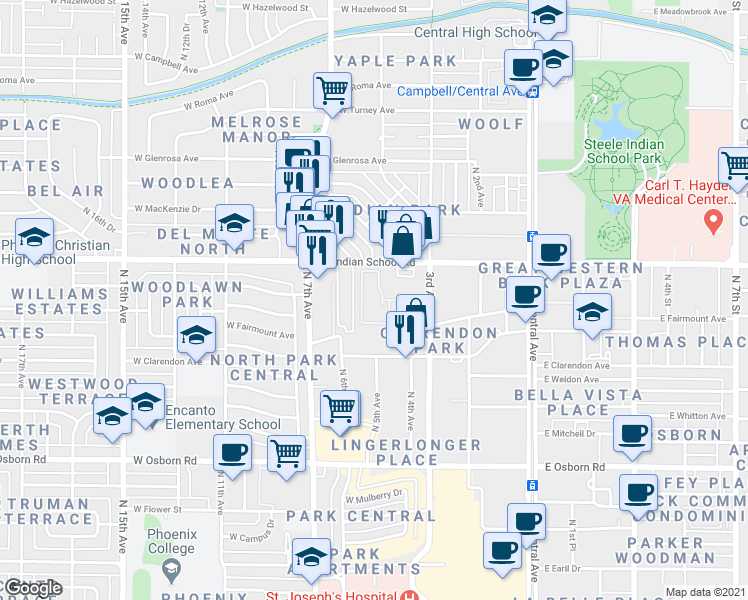 map of restaurants, bars, coffee shops, grocery stores, and more near 3848 North 3rd Avenue in Phoenix