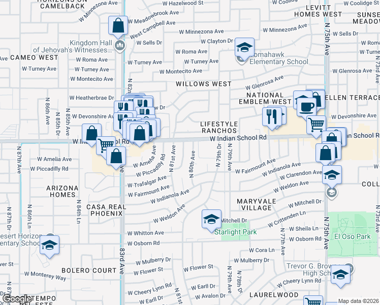 map of restaurants, bars, coffee shops, grocery stores, and more near 4047 North 80th Avenue in Phoenix