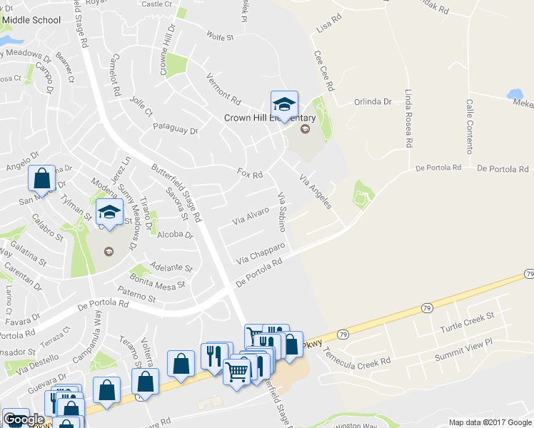 map of restaurants, bars, coffee shops, grocery stores, and more near 33295 Via Alvaro in Temecula