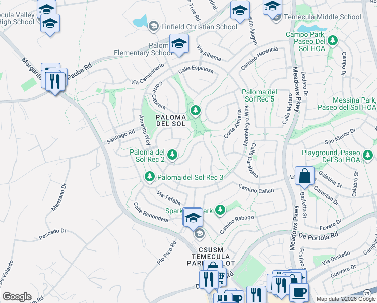 map of restaurants, bars, coffee shops, grocery stores, and more near 31887 Vía Barraza in Temecula