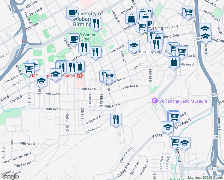 map of restaurants, bars, coffee shops, grocery stores, and more near 1500 15th Avenue South in Birmingham