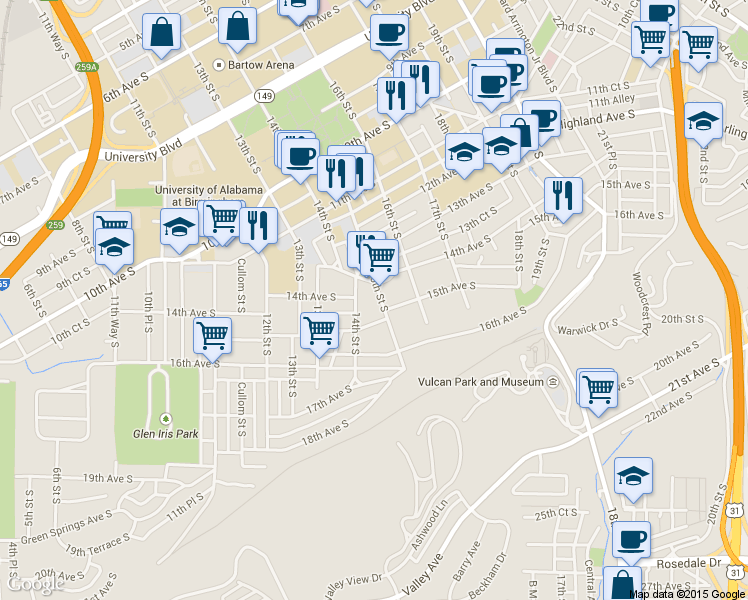 map of restaurants, bars, coffee shops, grocery stores, and more near 1500 15th Avenue South in Birmingham