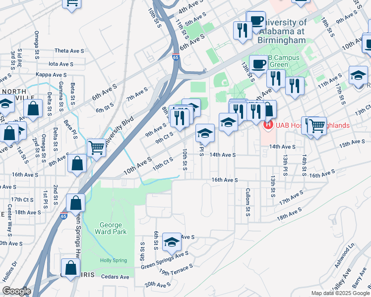 map of restaurants, bars, coffee shops, grocery stores, and more near in Birmingham