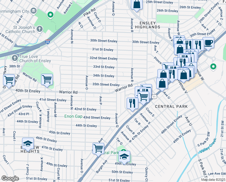 map of restaurants, bars, coffee shops, grocery stores, and more near 1638 Warrior Road in Birmingham