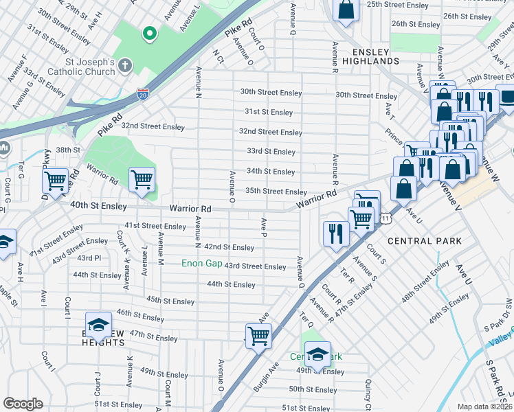 map of restaurants, bars, coffee shops, grocery stores, and more near 1524 Warrior Road in Birmingham