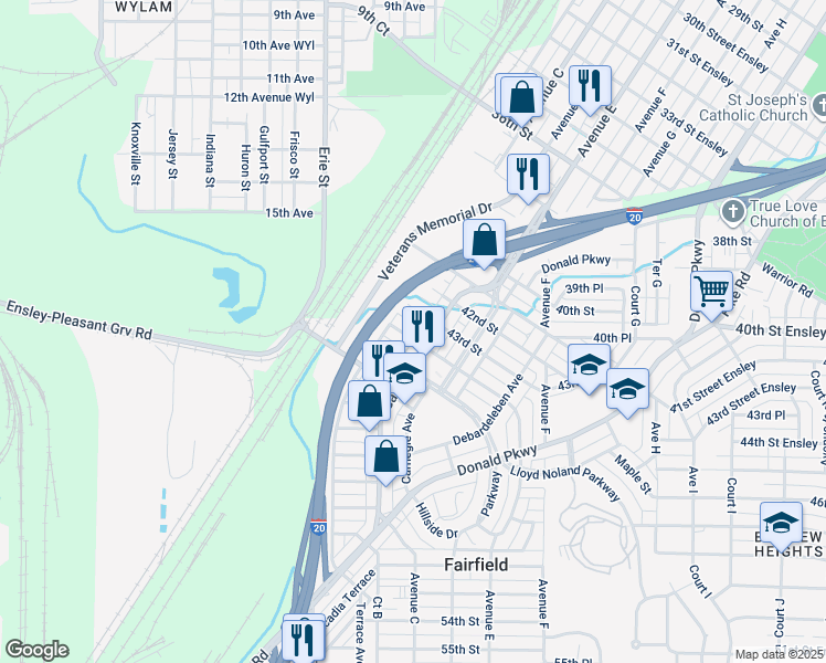 map of restaurants, bars, coffee shops, grocery stores, and more near 316 44th Street Ensley in Fairfield