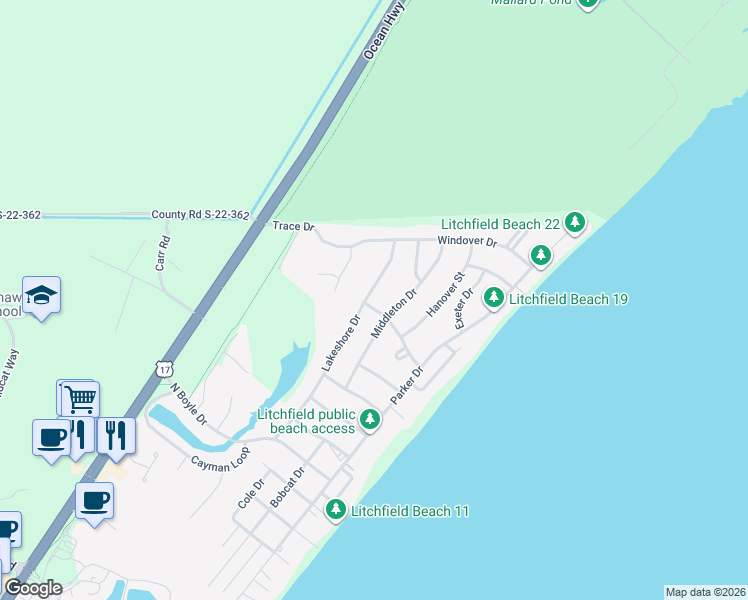 map of restaurants, bars, coffee shops, grocery stores, and more near 428 Lakeshore Drive in Pawleys Island