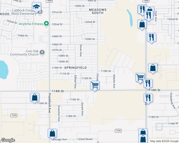 map of restaurants, bars, coffee shops, grocery stores, and more near 5516 111th Street in Lubbock