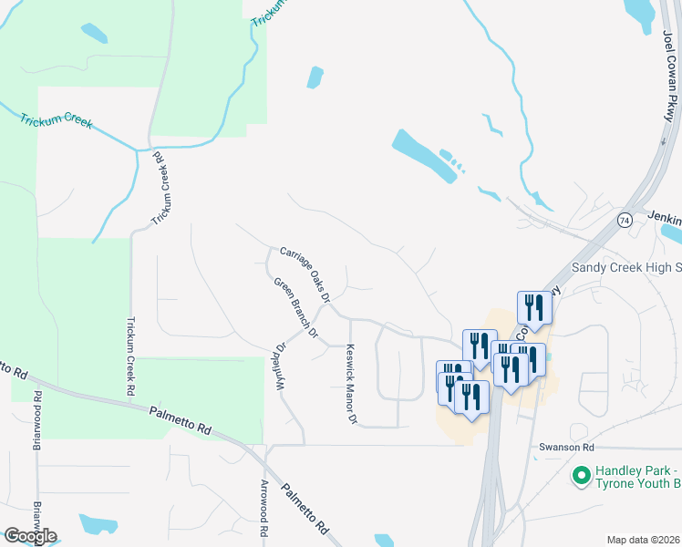 map of restaurants, bars, coffee shops, grocery stores, and more near 107 Wynfield Drive in Tyrone