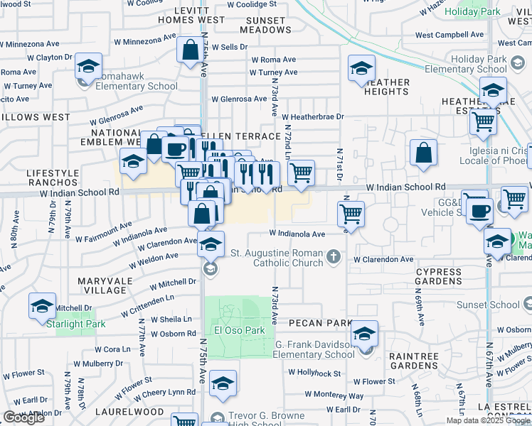 map of restaurants, bars, coffee shops, grocery stores, and more near 7309 West Indian School Road in Phoenix