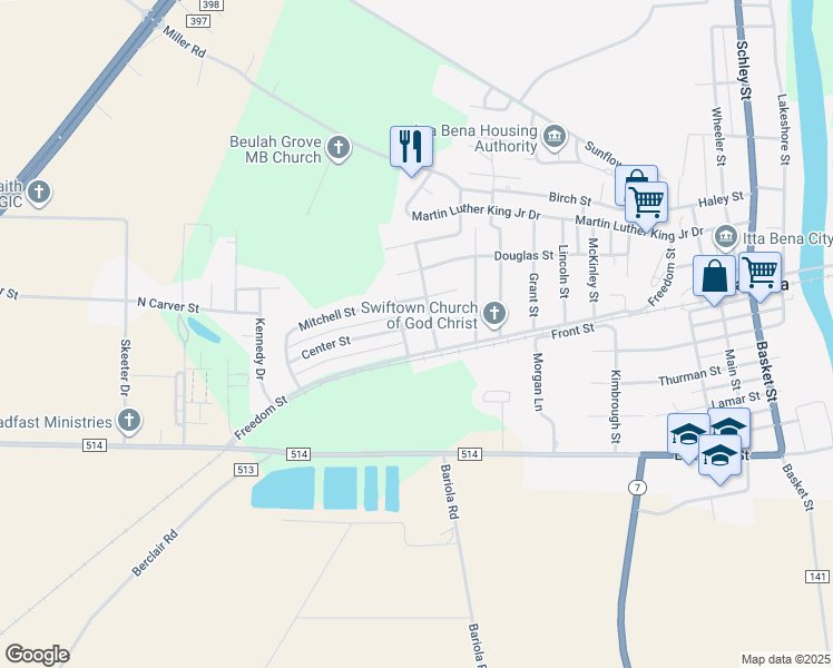 map of restaurants, bars, coffee shops, grocery stores, and more near 702 Freedom Street in Itta Bena