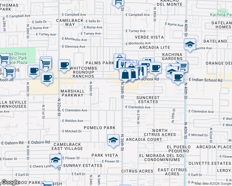 map of restaurants, bars, coffee shops, grocery stores, and more near 3529 East Piccadilly Road in Phoenix
