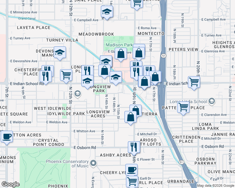 map of restaurants, bars, coffee shops, grocery stores, and more near 4028 North 15th Street in Phoenix