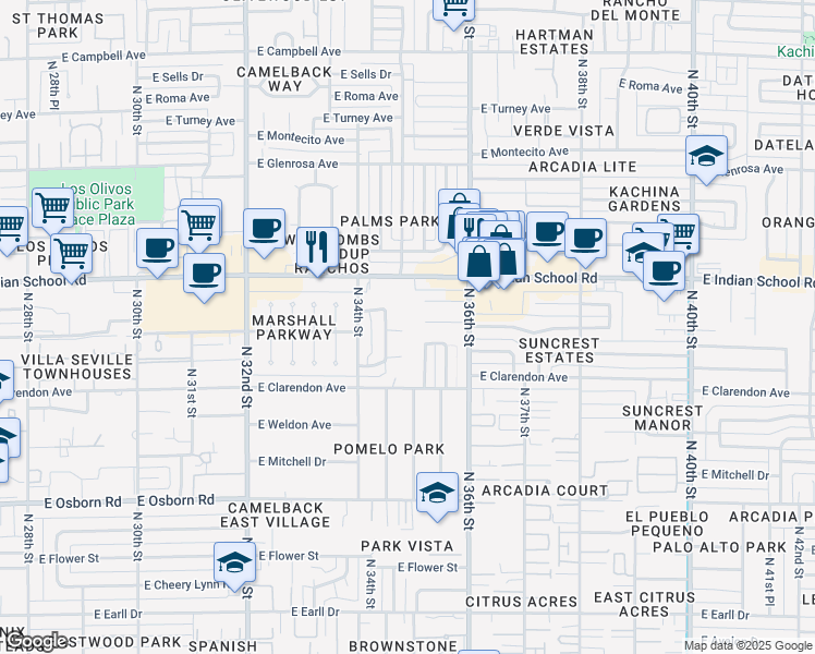 map of restaurants, bars, coffee shops, grocery stores, and more near 3444 East Fairmount Avenue in Phoenix