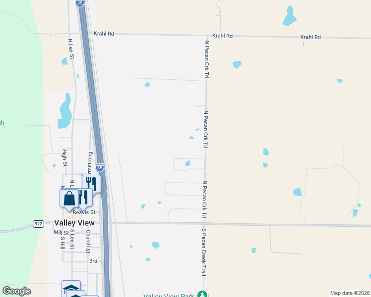 map of restaurants, bars, coffee shops, grocery stores, and more near 741 North Pecan Trail in Valley View