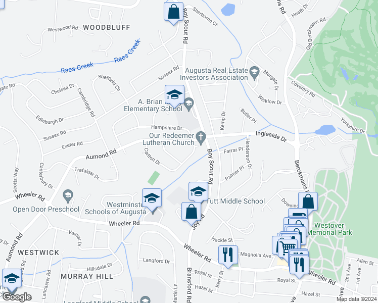 map of restaurants, bars, coffee shops, grocery stores, and more near 605 Carlton Drive in Augusta