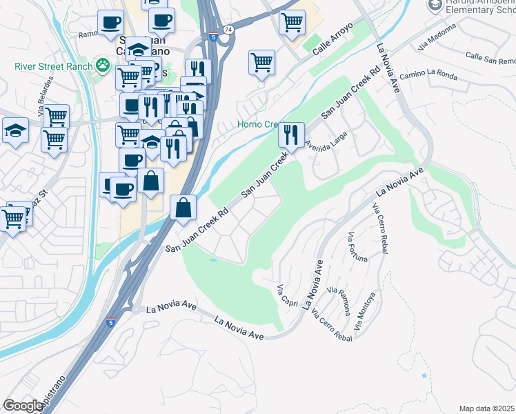 map of restaurants, bars, coffee shops, grocery stores, and more near 27211 Via Capote in San Juan Capistrano