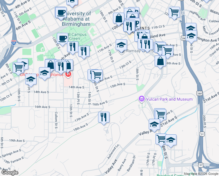 map of restaurants, bars, coffee shops, grocery stores, and more near 1529 15th Avenue South in Birmingham