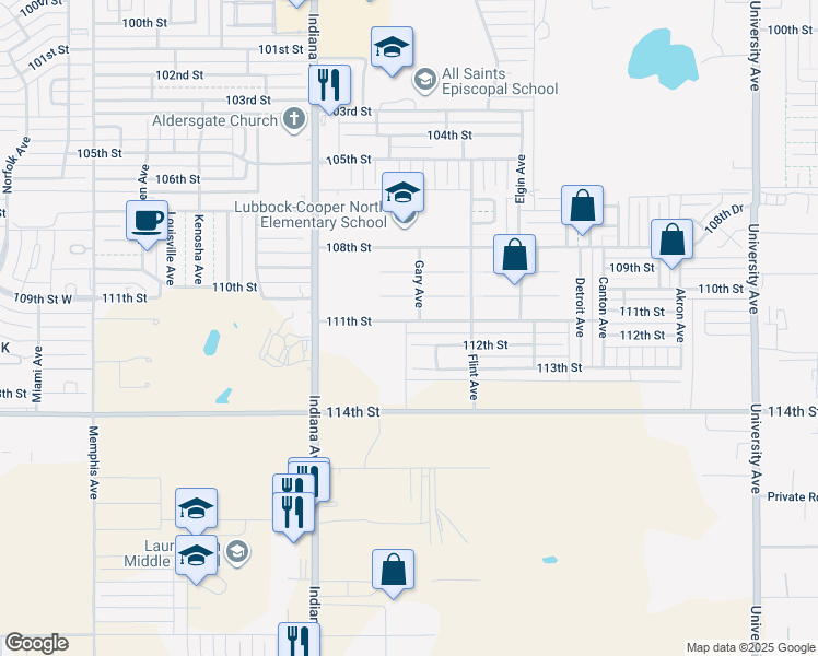 map of restaurants, bars, coffee shops, grocery stores, and more near 3207 111th Street in Lubbock
