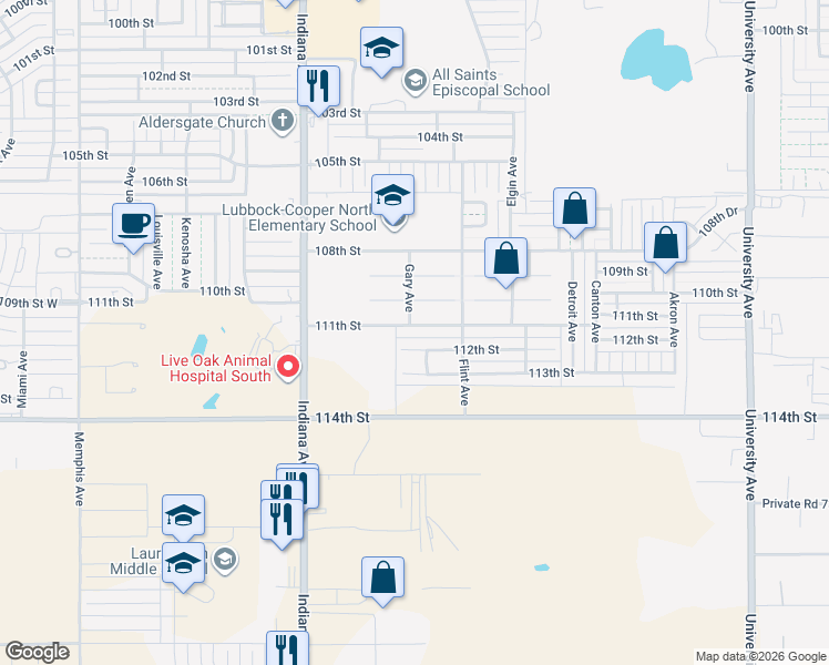 map of restaurants, bars, coffee shops, grocery stores, and more near 3129 111th Street in Lubbock