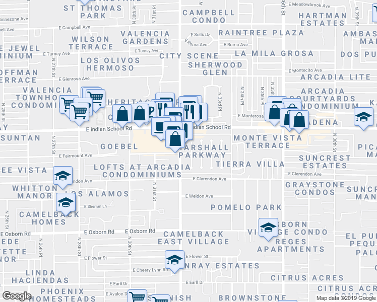map of restaurants, bars, coffee shops, grocery stores, and more near 4001 North 32nd Street in Phoenix