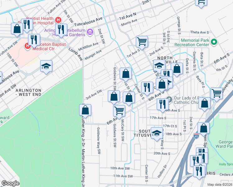 map of restaurants, bars, coffee shops, grocery stores, and more near 331 Goldwire Street Southwest in Birmingham