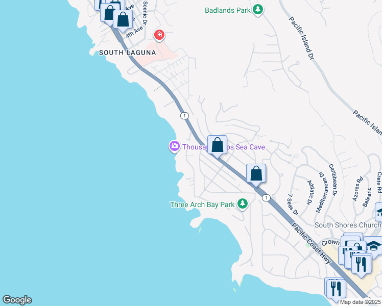 map of restaurants, bars, coffee shops, grocery stores, and more near 37 North La Senda Drive in Laguna Beach