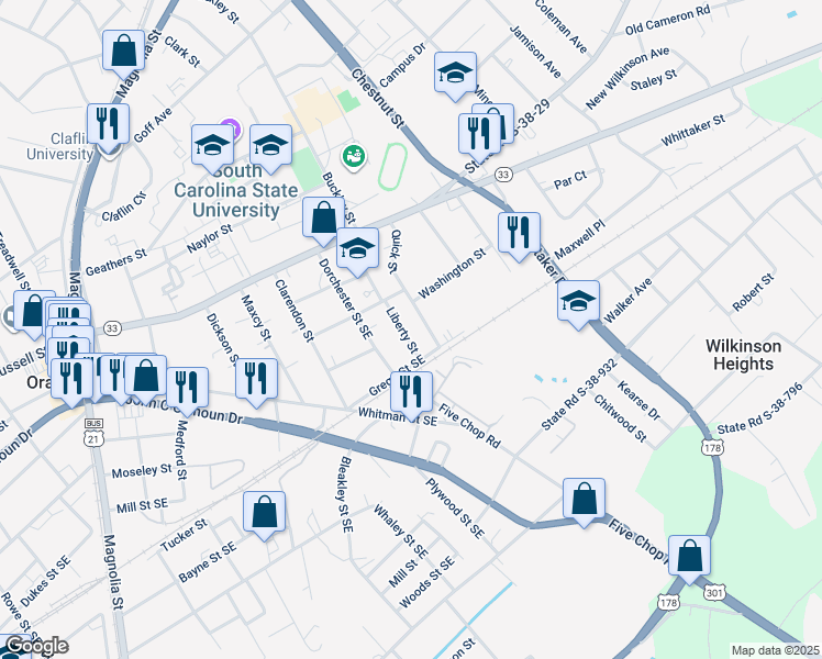 map of restaurants, bars, coffee shops, grocery stores, and more near 411 Liberty Street in Orangeburg