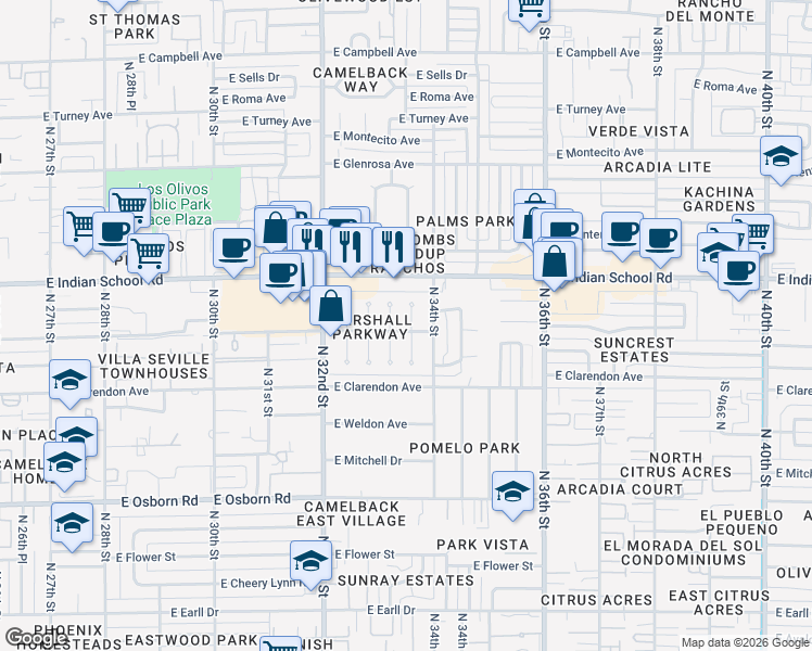 map of restaurants, bars, coffee shops, grocery stores, and more near 4002 North 33rd Place in Phoenix