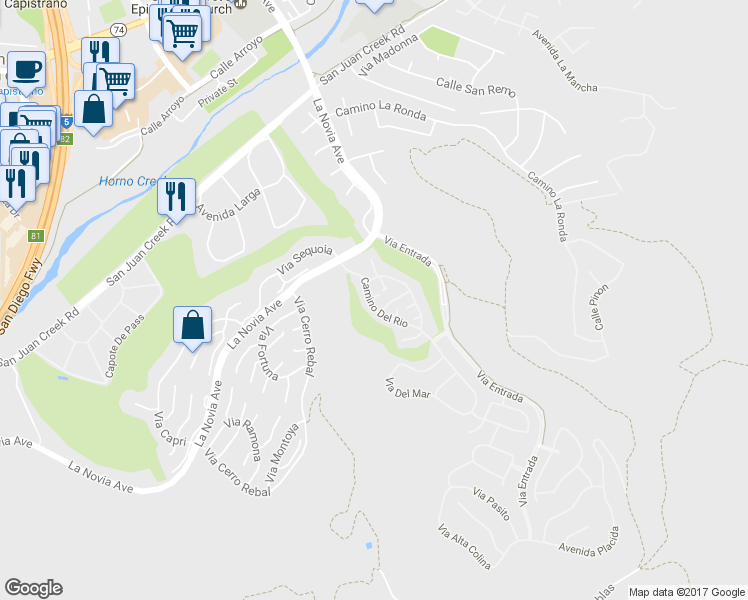 map of restaurants, bars, coffee shops, grocery stores, and more near 27912 Camino Del Rio in San Juan Capistrano