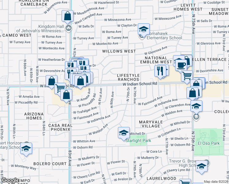 map of restaurants, bars, coffee shops, grocery stores, and more near 4047 North 80th Avenue in Phoenix