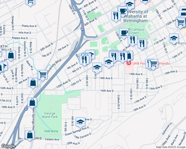 map of restaurants, bars, coffee shops, grocery stores, and more near 1136 10th Pl S in Birmingham