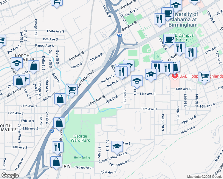 map of restaurants, bars, coffee shops, grocery stores, and more near 626 10th Ave S in Birmingham