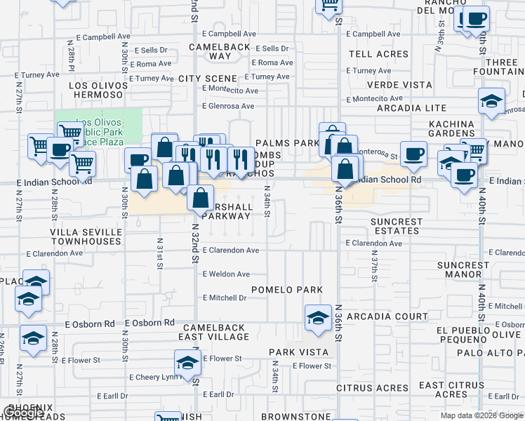 map of restaurants, bars, coffee shops, grocery stores, and more near 4002 North 33rd Place in Phoenix