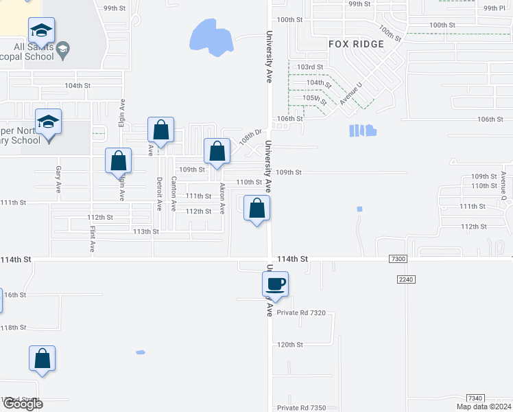 map of restaurants, bars, coffee shops, grocery stores, and more near 2506 112th Street in Lubbock