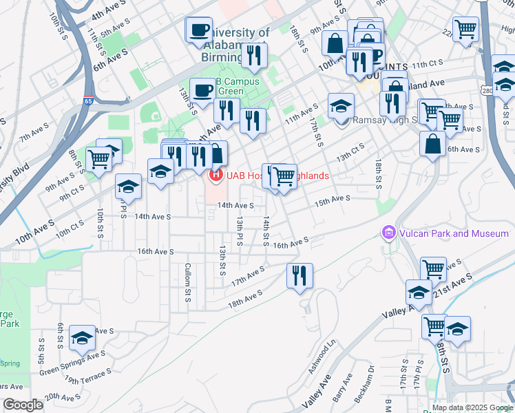 map of restaurants, bars, coffee shops, grocery stores, and more near 1355 14th Avenue South in Birmingham