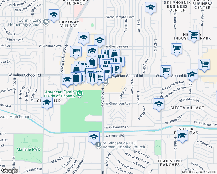 map of restaurants, bars, coffee shops, grocery stores, and more near 4011 North 51st Avenue in Phoenix