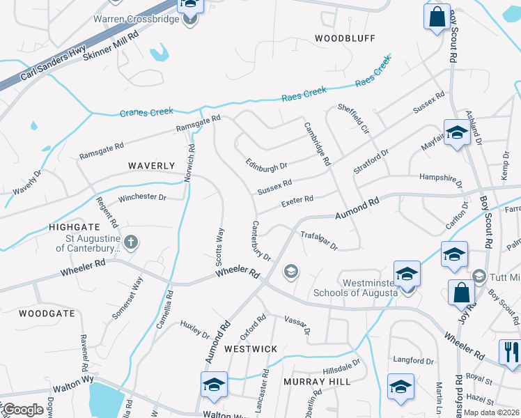 map of restaurants, bars, coffee shops, grocery stores, and more near 3129 Exeter Road in Augusta