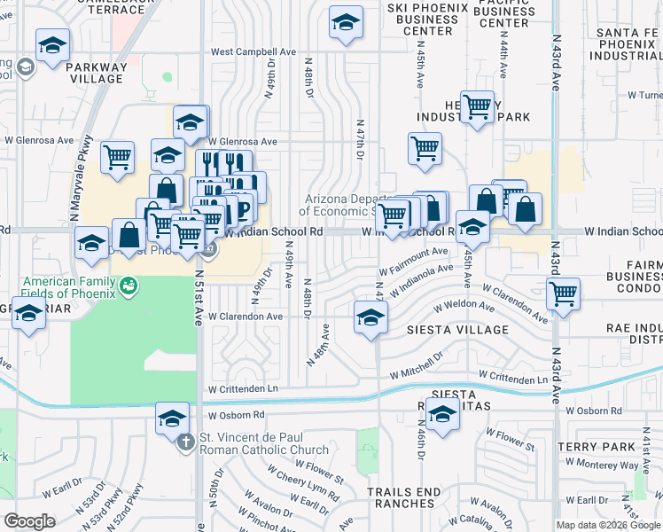 map of restaurants, bars, coffee shops, grocery stores, and more near 3851 North 48th Avenue in Phoenix