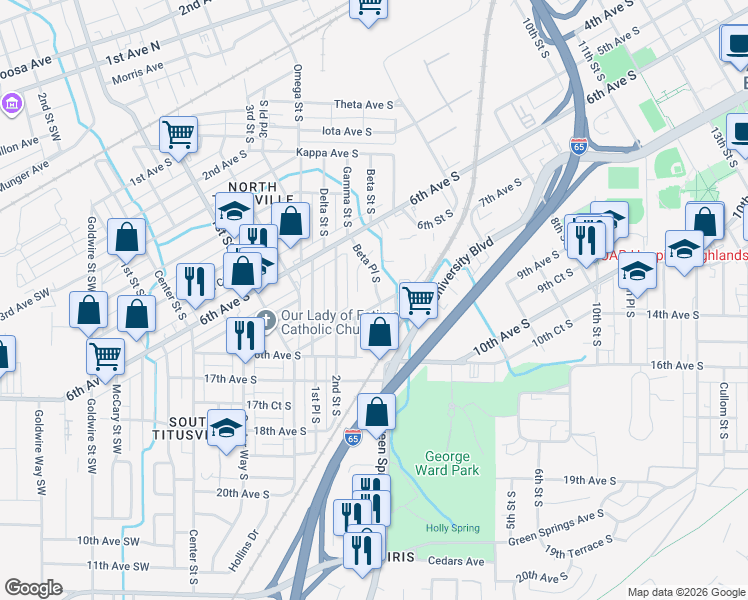map of restaurants, bars, coffee shops, grocery stores, and more near 344 8th Avenue South in Birmingham