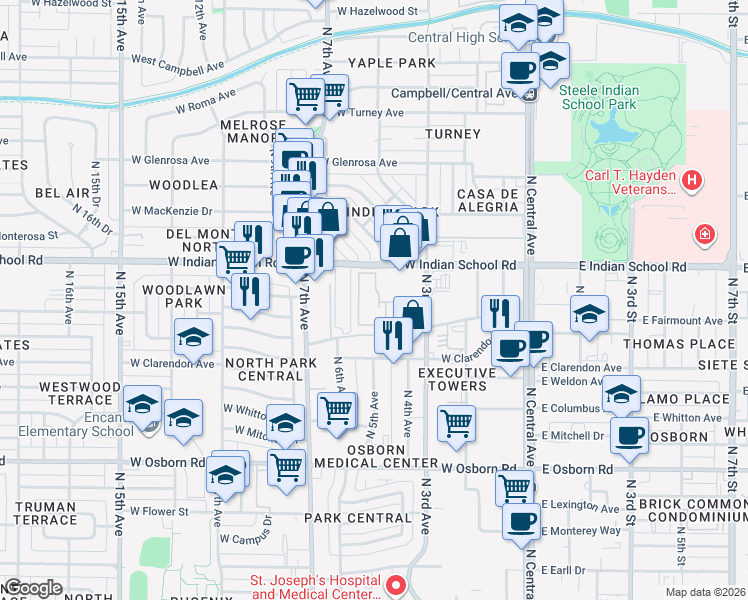 map of restaurants, bars, coffee shops, grocery stores, and more near 3848 North 3rd Avenue in Phoenix