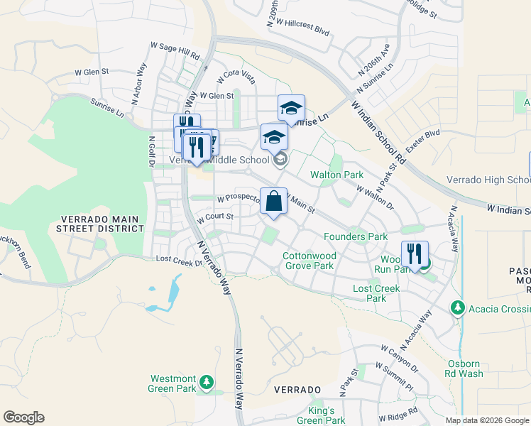 map of restaurants, bars, coffee shops, grocery stores, and more near 20881 West Court Street in Buckeye