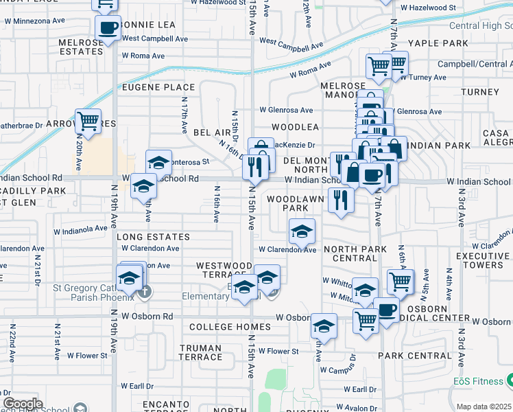 map of restaurants, bars, coffee shops, grocery stores, and more near 4006 North 14th Avenue in Phoenix