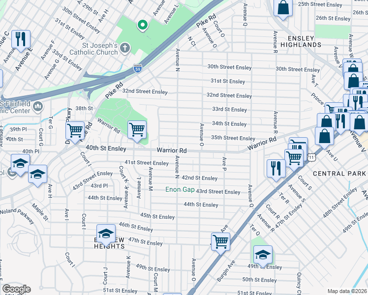 map of restaurants, bars, coffee shops, grocery stores, and more near 1412 Warrior Road in Birmingham