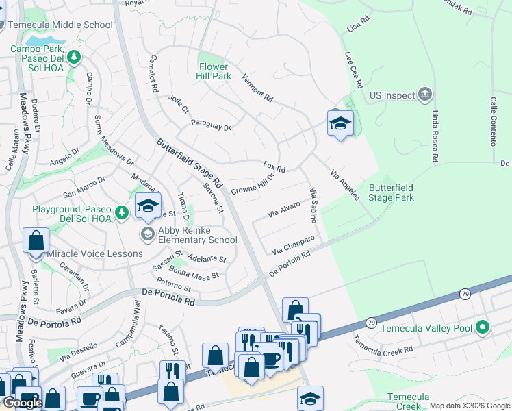 map of restaurants, bars, coffee shops, grocery stores, and more near 43272 Brookway Drive in Temecula