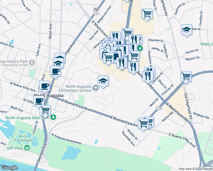map of restaurants, bars, coffee shops, grocery stores, and more near 200 Spring Oak Lane in North Augusta