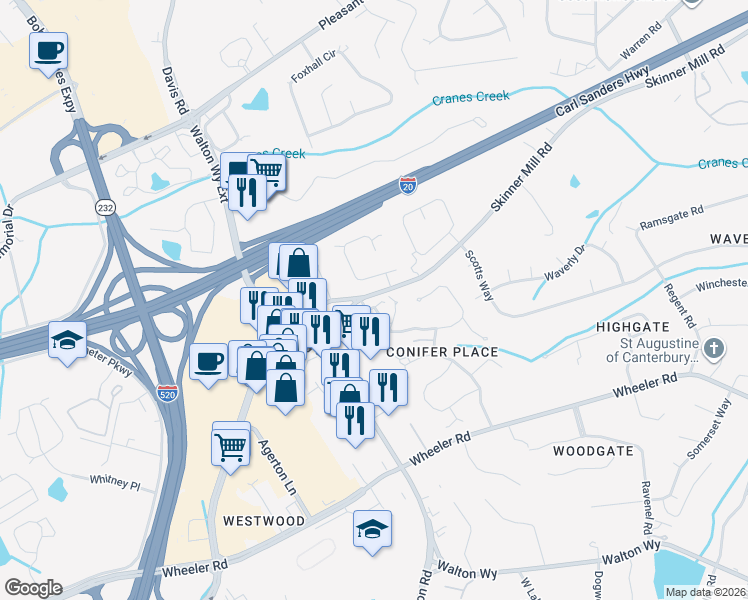 map of restaurants, bars, coffee shops, grocery stores, and more near 8-10 Conifer Square in Augusta