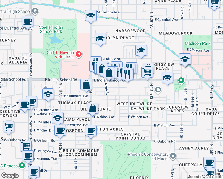 map of restaurants, bars, coffee shops, grocery stores, and more near 907 East Amelia Avenue in Phoenix