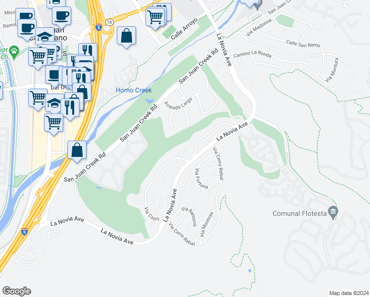 map of restaurants, bars, coffee shops, grocery stores, and more near 27459 Paseo Sienna in San Juan Capistrano
